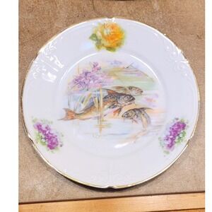 Vintage Decorative Plate Floral Rose Fish Scene Gold Rim Home Decor Accent